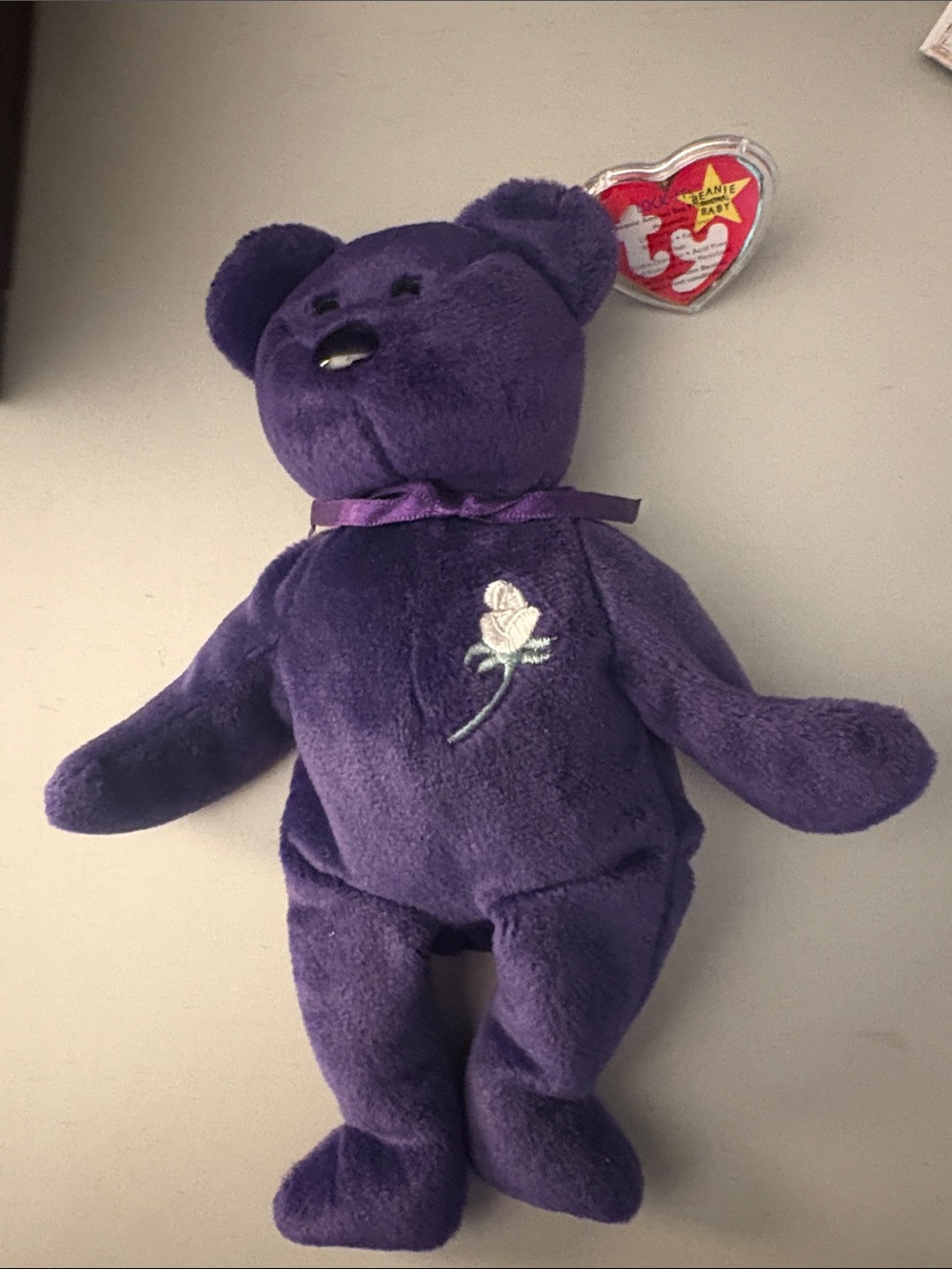 Ty Beanie Baby Purple Rose Princess Diana Bear Plush with Embroidered White Rose